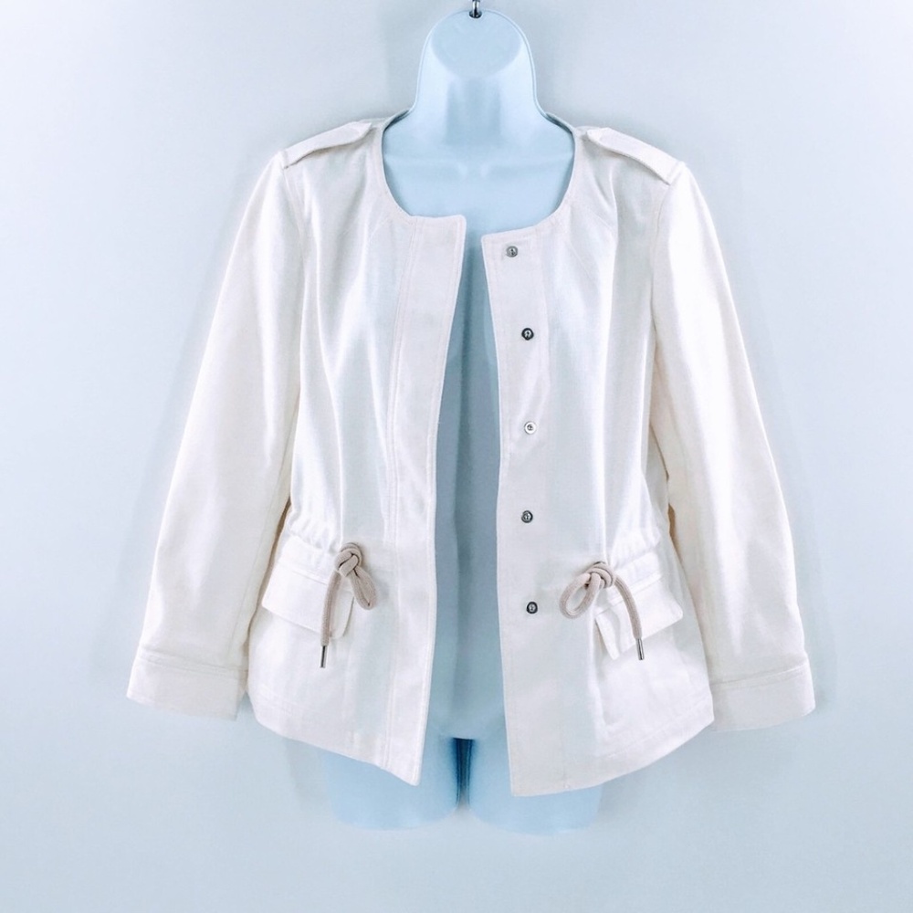 Ann Taylor Military Jacket White Woven Stretch Cotton Drawcord Waist Sz S